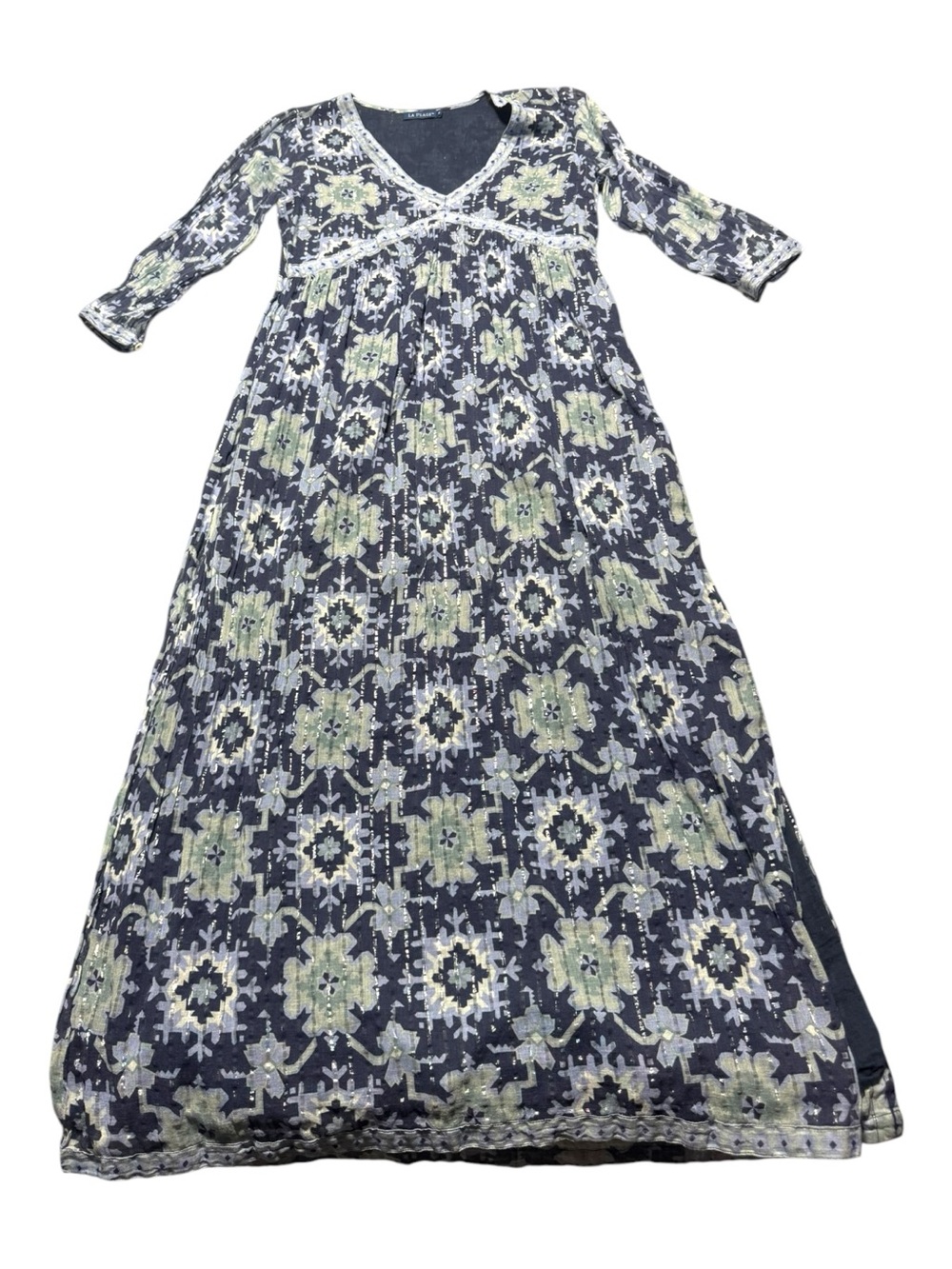 LA PLAGE Women’s Small Boho Navy Floral Midi Dress with Side Slit Boho geo